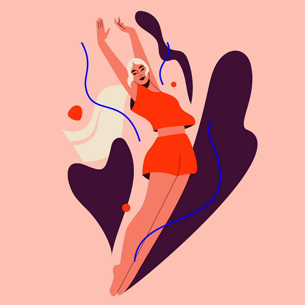 Rise and Shine: vector illustration of a young woman jumping in red pajamas, by Monsie, Monika Jurczyk. Bold character design and minimal digital art