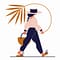 Woman in a stylish summer outfit, wearing a Panama hat and holding a palm tree leaf, walking gracefully.