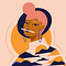 Powerful Women Week: bold vector illustration of a brown woman with pink hair styled in a bun, holding a white stylus between her lips. She wears a colorful turtleneck shirt featuring yellow and navy blue cloud-like island shapes.