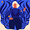 Starting the Week Like: empowerment-themed illustration of a confident woman with dark hair standing in front of large abstract blue leaves, created by artist Monika Jurczyk (Monsie)