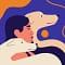 An illustration depicting a woman and two dogs. The woman and the dogs are shown in profile, their heads aligned and facing the same direction. The background features abstract shapes in blue, orange, and cream.