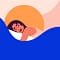 Dreamwaves illustration of a serene woman sleeping under a glowing orange sun, surrounded by flowing blue waves symbolizing brain waves, rest, and peaceful sleep cycles.