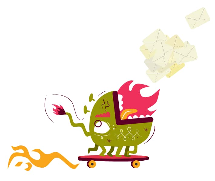 Playful vector illustration of a green monster character with six legs on a skateboard reaching for flying mail.