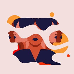 The Years, an abstract illustration featuring multiple overlapping profiles of faces, depicted in earthy tones with bold blue lips, against a beige background. The design includes flowing shapes and geometric elements, symbolizing the complexity of identity.